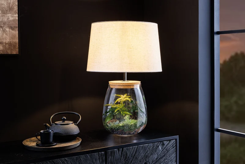Lampe de table remplissable CLASSICO 60 cm blanc verre transparent avec abat-jour en lin