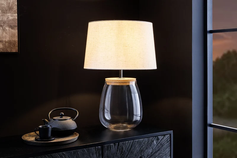 Lampe de table remplissable CLASSICO 60 cm blanc verre transparent avec abat-jour en lin