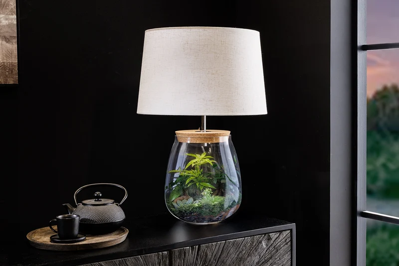 Lampe de table remplissable CLASSICO 60 cm blanc verre transparent avec abat-jour en lin