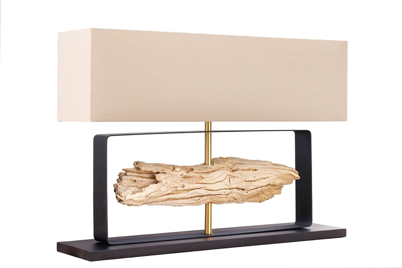 Lampe de table artisanale ROUSILIQUE 80 cm bois de fer naturel beige avec abat-jour
