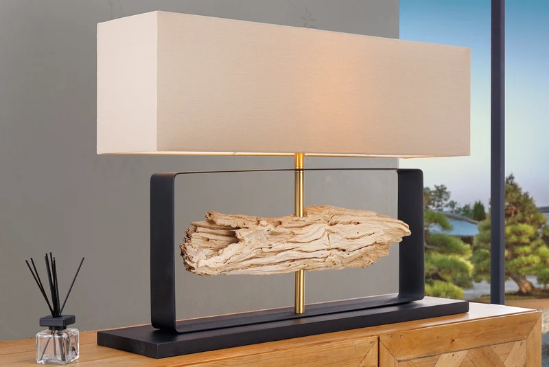 Lampe de table artisanale ROUSILIQUE 80 cm bois de fer naturel beige avec abat-jour