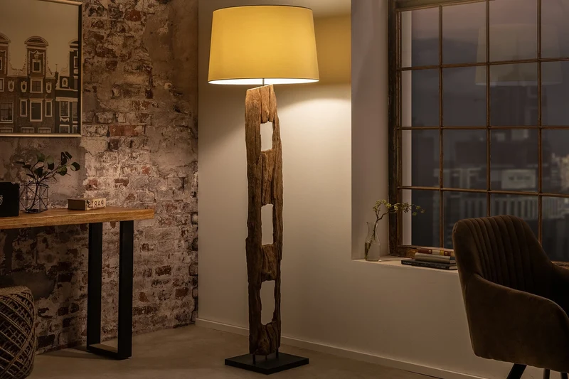 Lampadaire massif BARRACUDA 177cm bois d’acacia naturel abat-jour en coton tronc d’arbre blanc