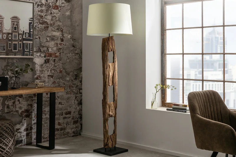Lampadaire massif BARRACUDA 177cm bois d’acacia naturel abat-jour en coton tronc d’arbre blanc