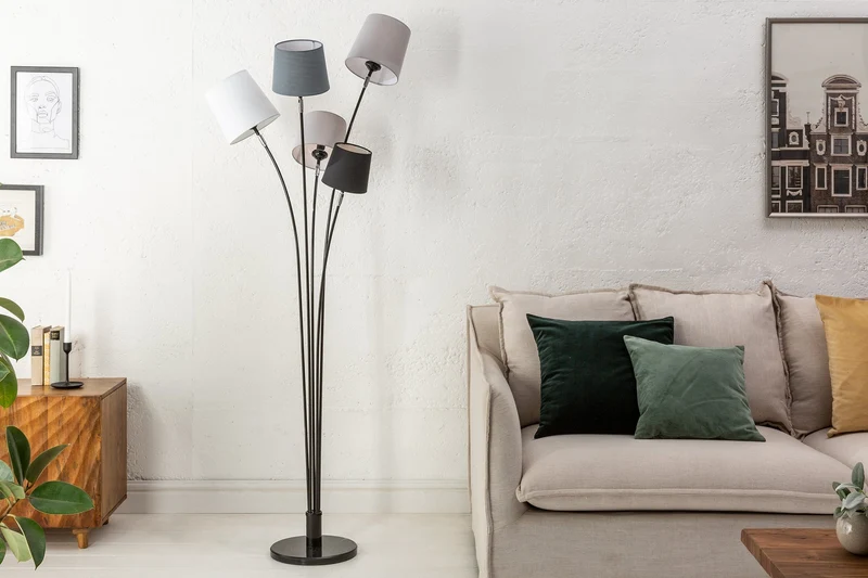 Lampadaire design LEVELS 176cm gris noir avec 5 abat-jour en lin
