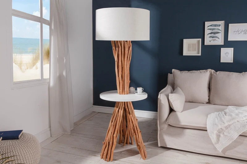 Lampadaire fonctionnel SERVANT 153cm en bois de longane massif avec abat-jour en lin et table
