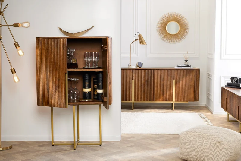 Buffet haut design GATSBY 125cm marron mat doré bois de manguier rétro