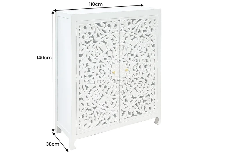 Buffet haut massif MARRAKESCH 140cm en manguier blanc avec décoration faite main