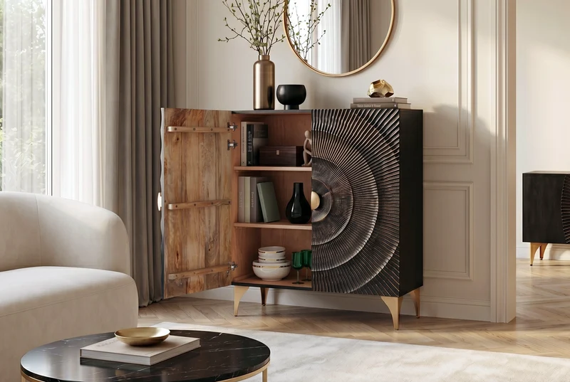 Buffet artisanal GOLDEN SUNSET 120cm avec sculptures 3D en bois de manguier or noir