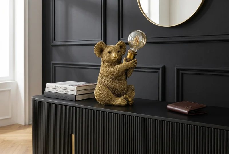 Lot de 2x Lampe de table artisanale KOALA 35cm or sculpture