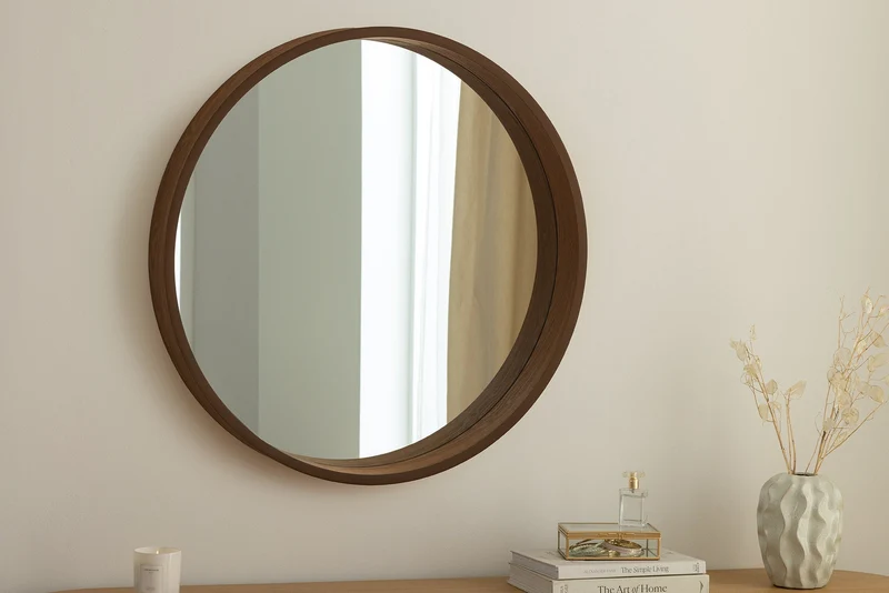 Miroir mural rond PORTRAIT 70cm marron placage de bois véritable en design noyer