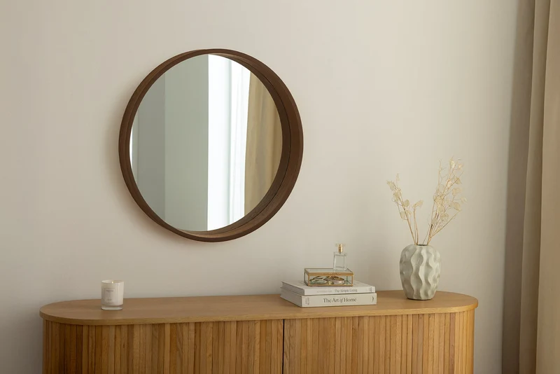 Miroir mural rond PORTRAIT 70cm marron placage de bois véritable en design noyer