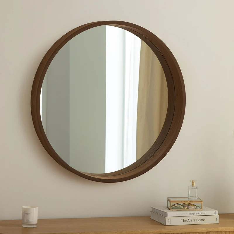 Miroir mural rond PORTRAIT 70cm marron placage de bois véritable en design noyer