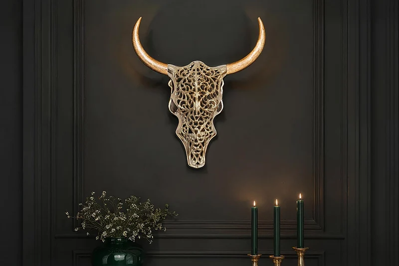 Décoration murale extravagante TAUREAU EXOTIQUE 60cm tête de taureau en bois de manguier doré