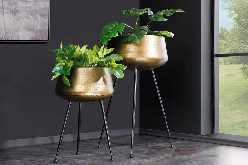 Lot de 2 pots de fleurs FLEURS 65cm laiton doré noir design martelé