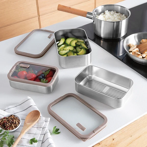 Boîte de conservation rectangulaire en inox avec couvercle en verre 1 L compatible micro-ondes Mathon