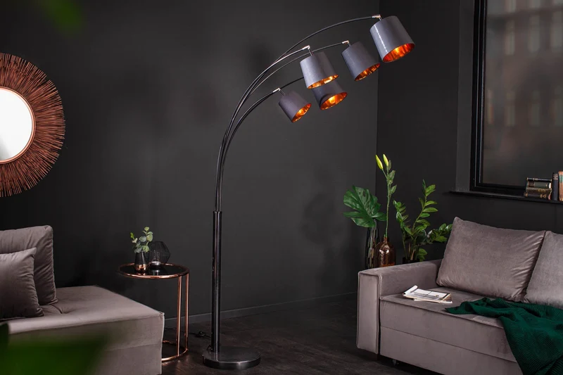 Lampe arc design LEVELS 205cm noir doré 5 abat-jour lin inclinables lampadaire