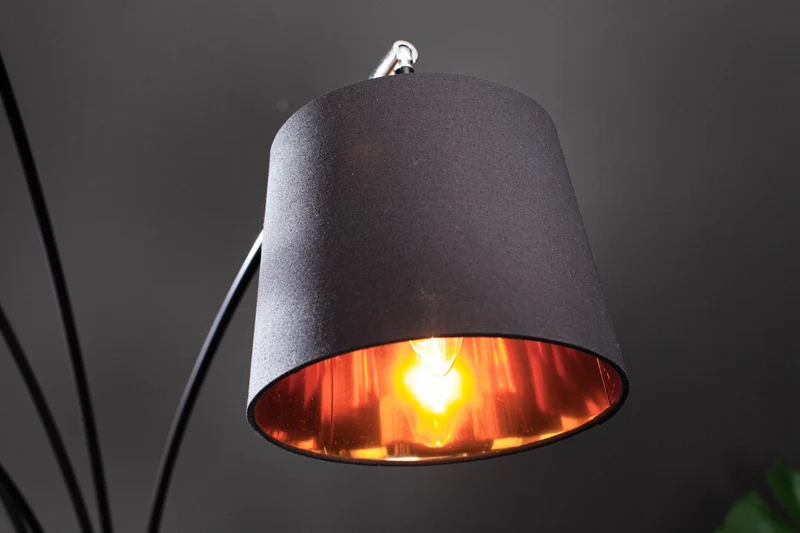 Lampe arc design LEVELS 205cm noir doré 5 abat-jour lin inclinables lampadaire