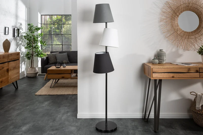 Lampadaire design LEVELS 163cm gris noir avec 3 abat-jour en lin