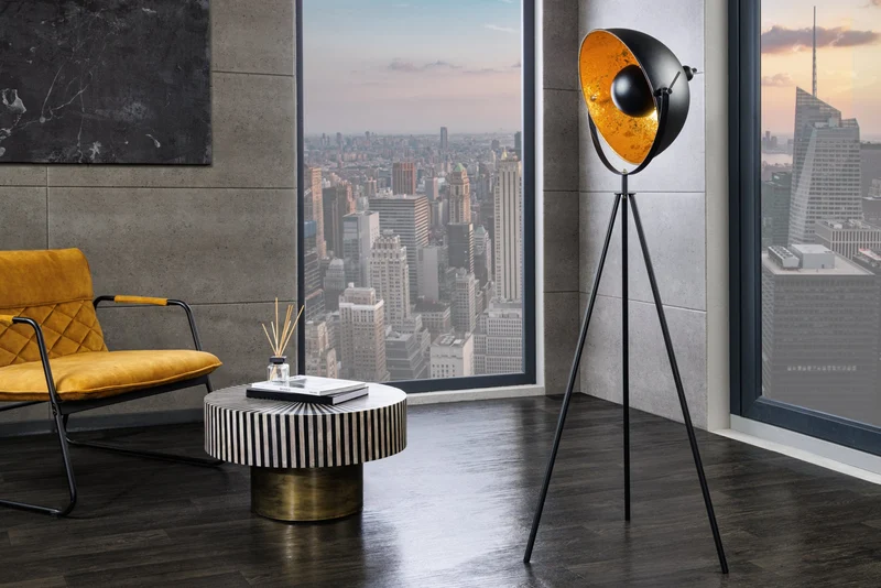Lampadaire industriel STUDIO 150cm aspect feuille d’or noir abat-jour inclinable
