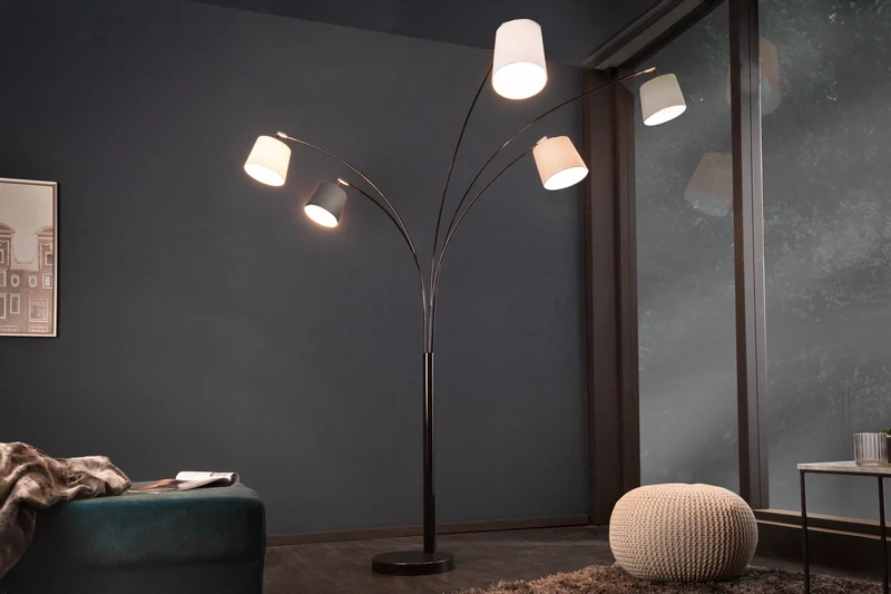 Lampe arc design LEVELS 205cm noir gris 5 abat-jour lin lampadaire