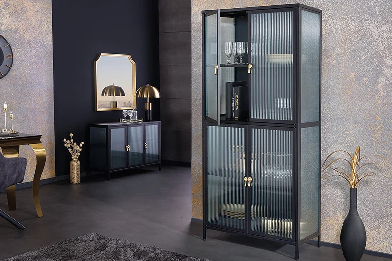 Vitrine moderne AMSTERDAM 180cm meuble haut en verre nervuré noir doré