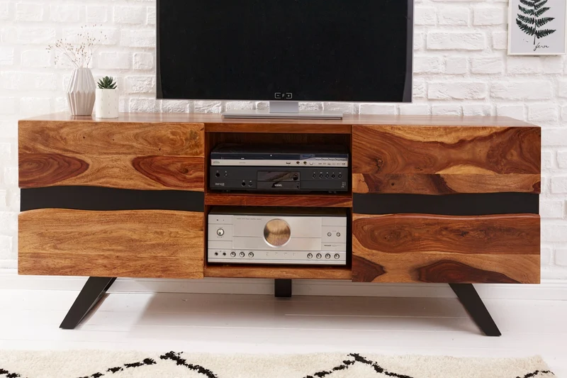 Meuble TV massif AMAZONAS 160cm en bois de Sesham marron avec bordure en arbre