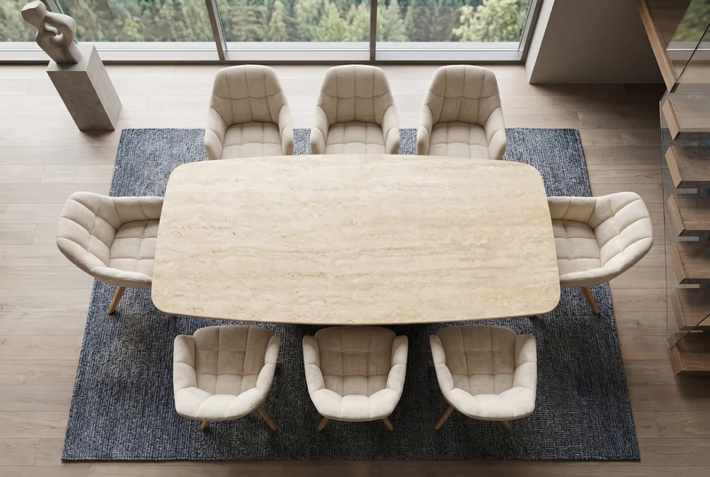 Table à manger design UNIQUE 200cm piètement pilier en chêne céramique travertin marron naturel