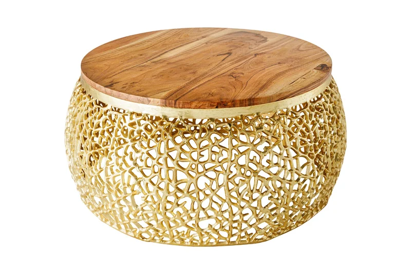 Table basse ronde ABSTRACT LEAF 75cm métal doré bois d’acacia massif filigrane artisanat