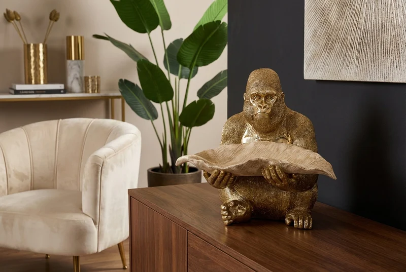 Figurine décorative GORILLA 40cm gold beige handmade avec bol au design feuille