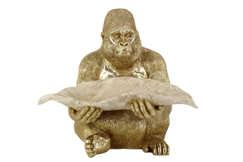 Figurine décorative GORILLA 40cm gold beige handmade avec bol au design feuille