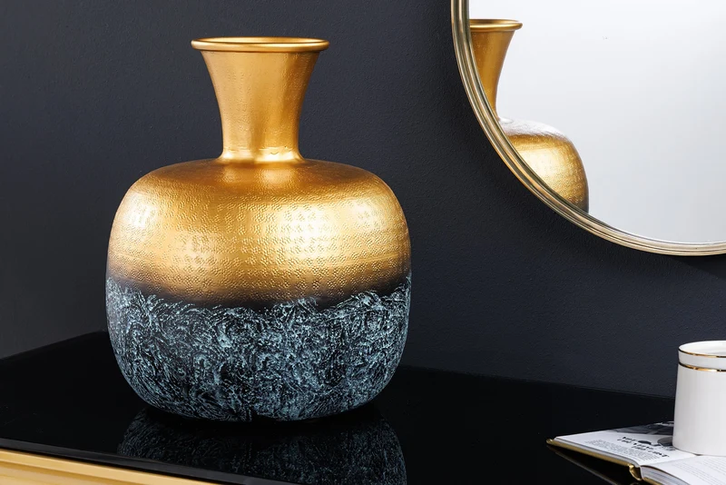 Vase décoratif fait main ABSTRAIT ORIENT 40cm métal rond doré patiné