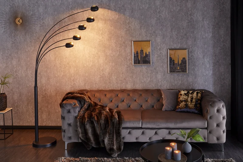 Lampe arc design FIVE LIGHTS 210cm lampadaire noir doré avec socle en marbre