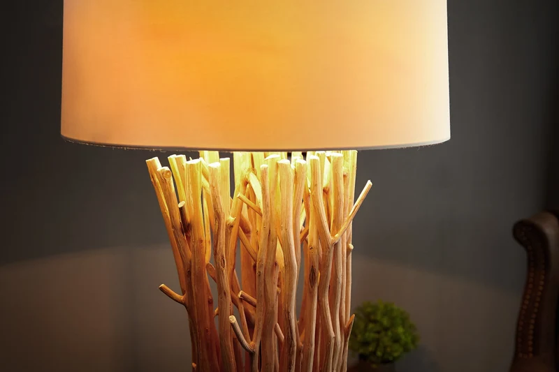 Lampadaire design en bois flotté EUPHORIA 180cm naturel avec abat-jour en lin