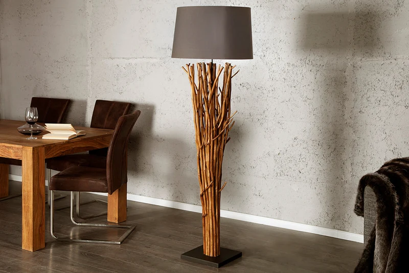 Lampadaire design en bois flotté EUPHORIA 180cm gris avec abat-jour en lin