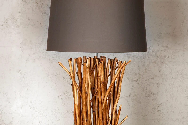 Lampadaire design en bois flotté EUPHORIA 180cm gris avec abat-jour en lin