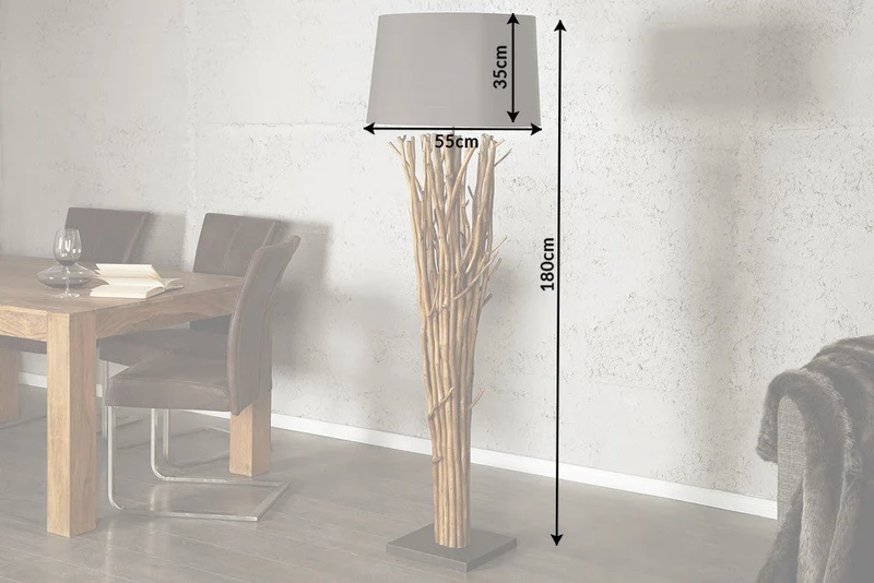 Lampadaire design en bois flotté EUPHORIA 180cm gris avec abat-jour en lin