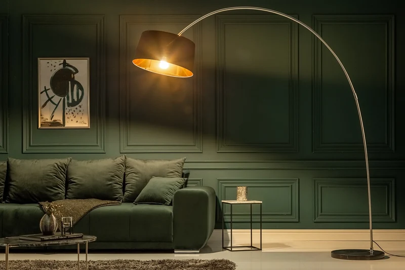 Lampe arc design FORMA 215 cm noir et or lampe sur pied avec socle en marbre