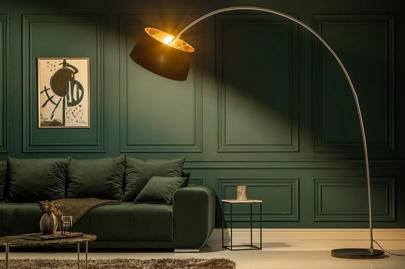 Lampe arc design FORMA 215 cm noir et or lampe sur pied avec socle en marbre