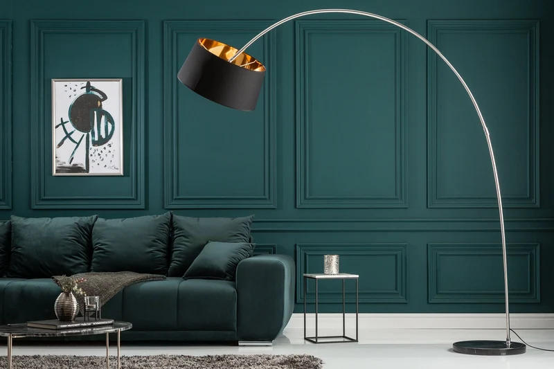 Lampe arc design FORMA 215 cm noir et or lampe sur pied avec socle en marbre