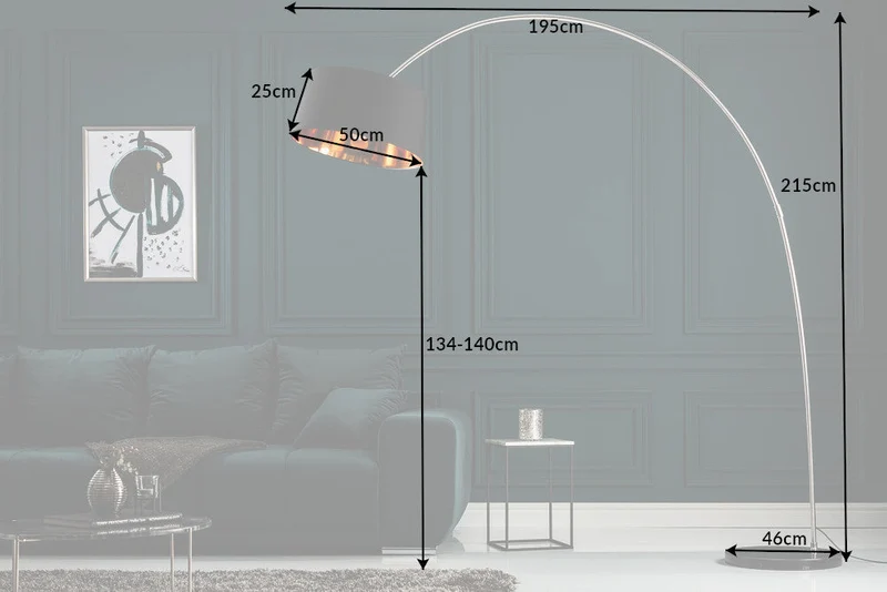 Lampe arc design FORMA 215 cm noir et or lampe sur pied avec socle en marbre