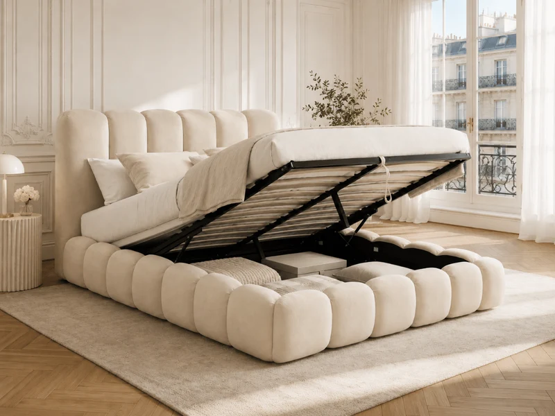 Lit coffre Romy – Design arrondi, tête de lit capitonnée & grand rangement
