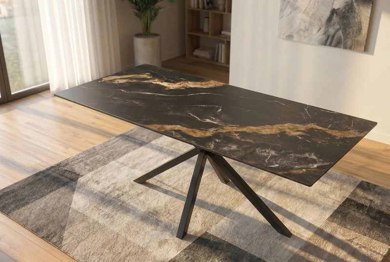Table à manger moderne GALAXIE 180cm Aurora Oro céramique sable or noir