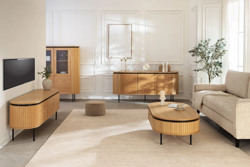 Buffet haut moderne ATELIER 140cm chêne naturel métal noir six compartiments