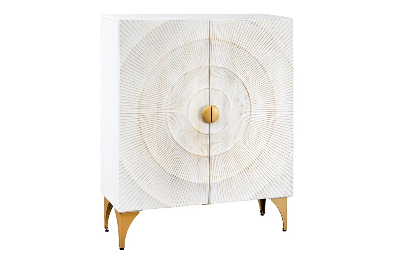 Buffet haut massif GOLDEN SUNSET 120cm en bois de manguier doré blanc avec sculptures 3D