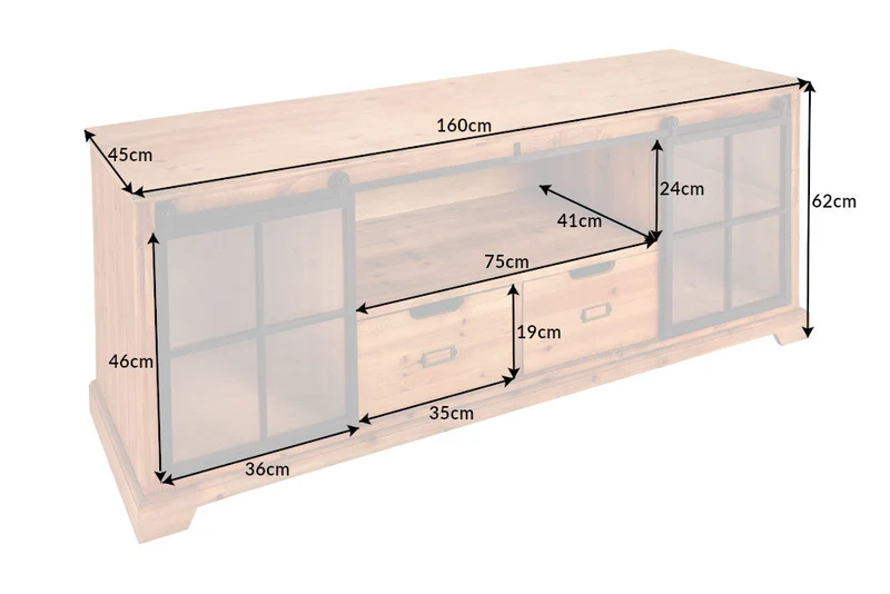 Lowboard massif HERITAGE 160cm pin naturel portes industrielles vitrine métal