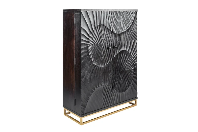 Meuble bar massif SCORPION 141cm en manguier noir avec sculptures 3D
