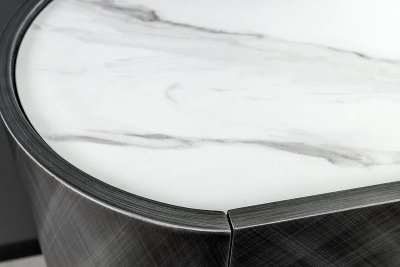 Buffet design REFLECTION 150cm marbre céramique blanc effet 3D anthracite finition brossée
