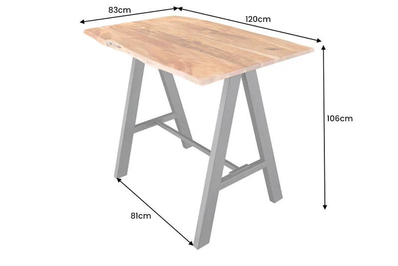 Table de bar en bois massif MAMMUT 120cm acacia naturel bord métal noir avec repose-pieds