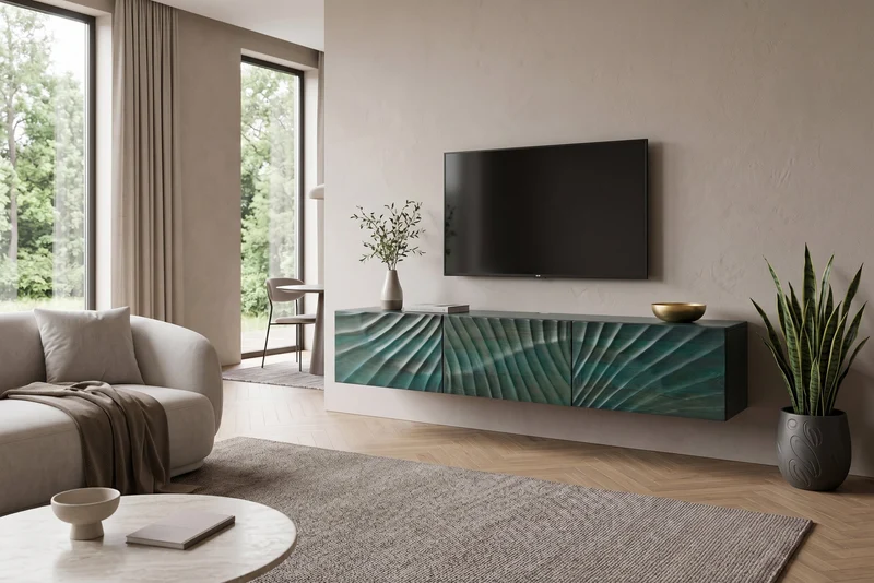 Meuble TV massif SCORPION 160cm meuble bas suspendu en manguier turquoise