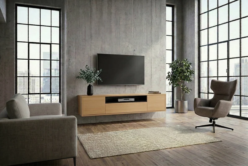 TV-Board suspendu LOFT 150cm naturel noir cinq compartiments avec tiroir